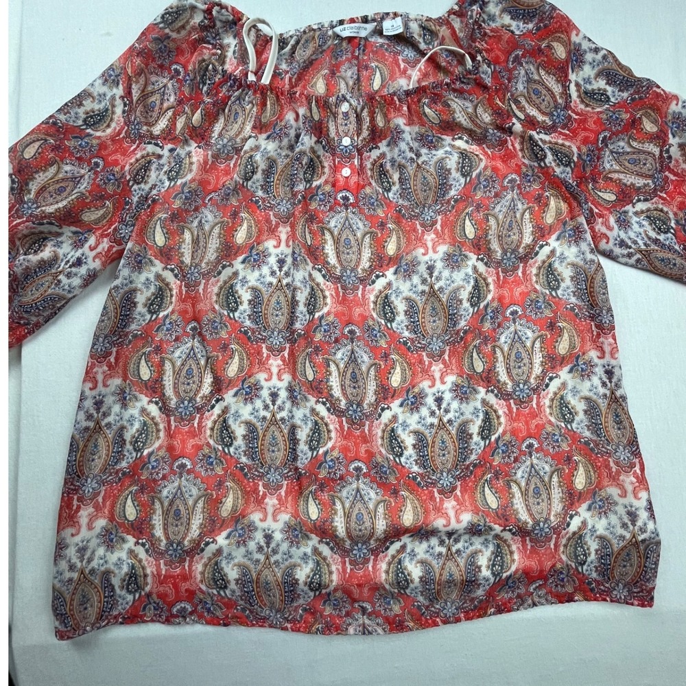 Liz Claiborne Woman Red‎ Paisley Blouse 3/4 Sleeve Boho Top 1X Button Front